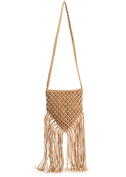 Hailys Damen Mini Häkel Handtasche mit langen Fransen 23x25cm dunkel beige