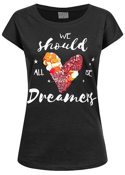 Stitch and Soul Damen T-Shirt Pailletten Herz Dreamer Print Wide Style schwarz