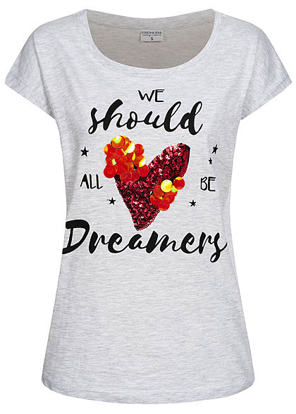 Stitch and Soul Damen T-Shirt Pailletten Herz Dreamer Print Wide Style hell grau melange