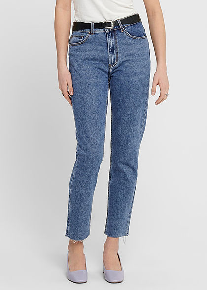 ONLY Damen NOOS Jeans Hose 5-Pockets High-Waist Straight Fransen dunkel blau denim