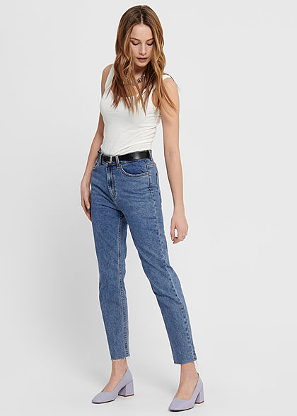ONLY Damen NOOS Jeans Hose 5-Pockets High-Waist Straight Fransen dunkel blau denim