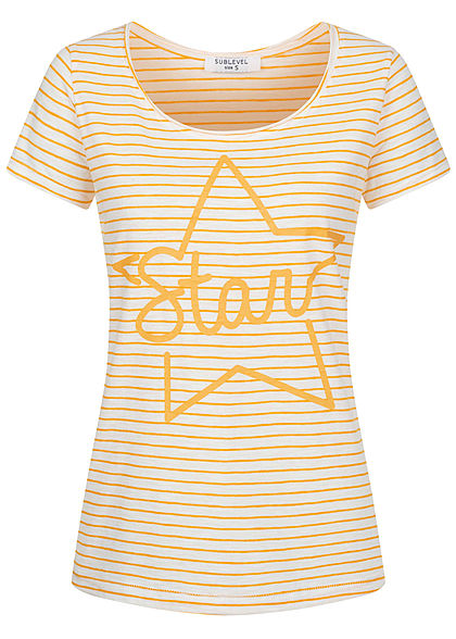 Sublevel Damen T-Shirt Anker Print Streifen Muster mango gelb weiss