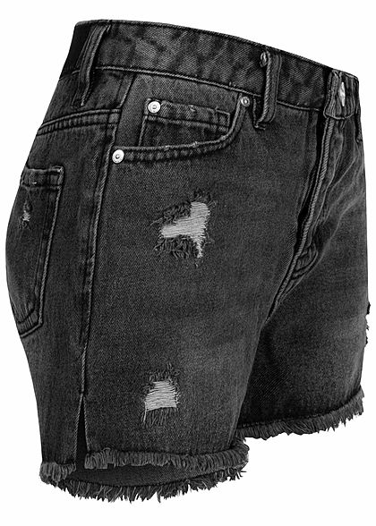 Stitch and Soul Damen Jeans Shorts High-Waist 5-Pockets Destroy Look Fransen schwarz