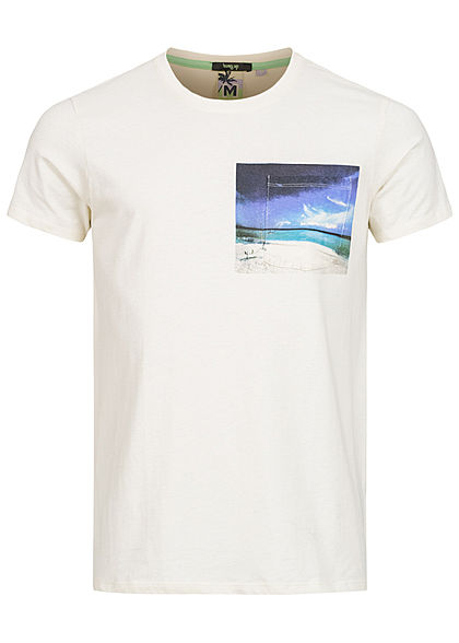 Hailys Herren T-Shirt Brusttasche Strand Print weiss beige