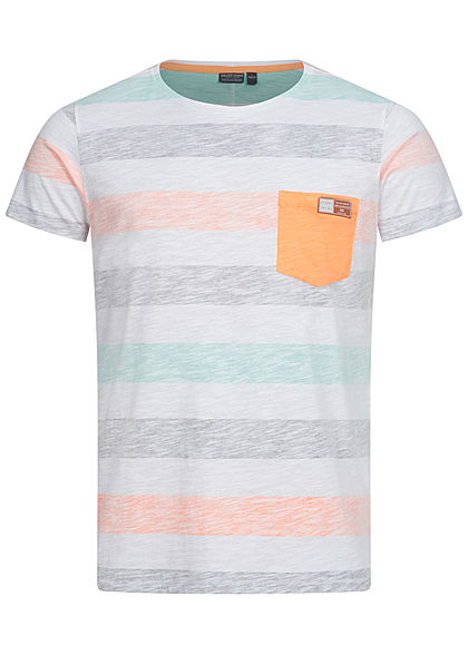 Eight2Nine Herren Multicolor T-Shirt Inside Streifen Muster Brusttasche orange grn