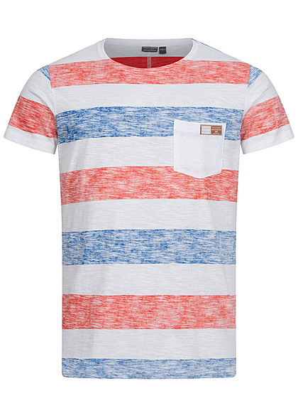 Eight2Nine Herren Multicolor T-Shirt Inside Streifen Muster Brusttasche rot blau weiss