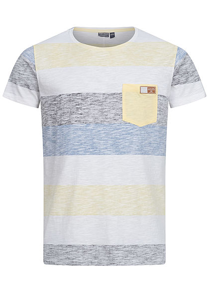 Eight2Nine Herren Multicolor T-Shirt Inside Streifen Muster Brusttasche gelb grau weiss