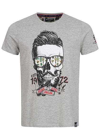 Brave Soul Herren T-Shirt Totenkopf Kaktus Print marl hell grau