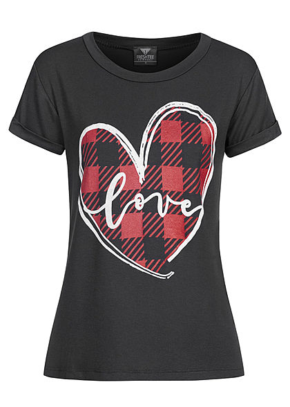 Fresh Tee Damen T-Shirt Herz Love Print schwarz rot