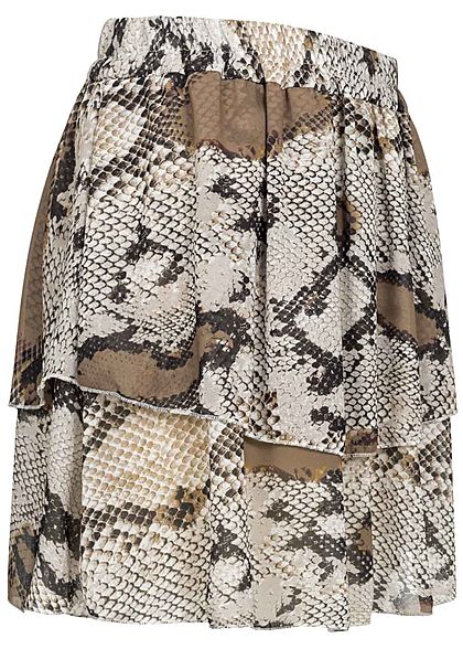 Styleboom Fashion Damen Mini Plissee Stufenrock Snake Print beige braun