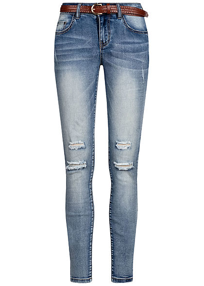 Seventyseven Lifestyle Damen Skinny Jeans Hose 5-Pockets inkl. Gürtel Destroy Look blau