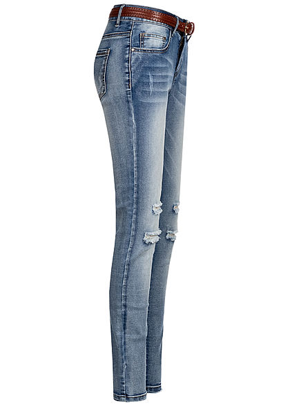 Seventyseven Lifestyle Damen Skinny Jeans Hose 5-Pockets inkl. Gürtel Destroy Look blau