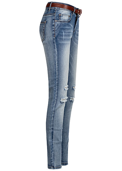 Cloud5ive Damen Jeans Skinny 5-Pockets inkl. Grtel Destroy Look m. blau d.