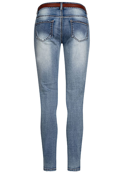 Cloud5ive Damen Jeans Skinny 5-Pockets inkl. Gürtel Destroy Look m. blau d.