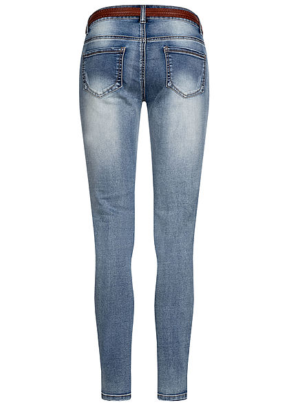 Seventyseven Lifestyle Damen Skinny Jeans Hose 5-Pockets inkl. Gürtel Destroy Look blau