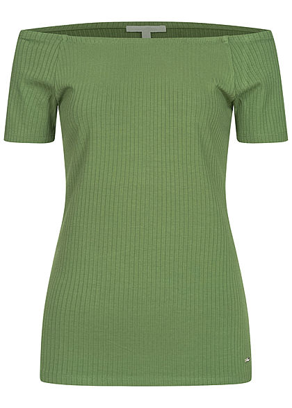 TOM TAILOR Damen Ribbed Off-Shoulder T-Shirt oliv grün