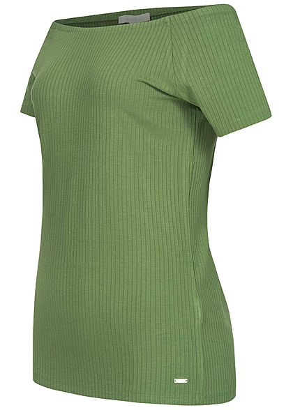 TOM TAILOR Damen Ribbed Off-Shoulder T-Shirt oliv grün