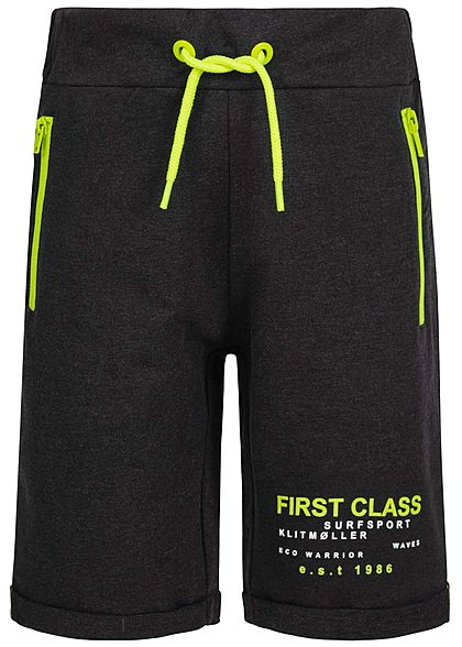Name It Kids Jungen Melange Sweat Shorts 2-Zip-Pockets Tunnelzug schwarz neon gelb