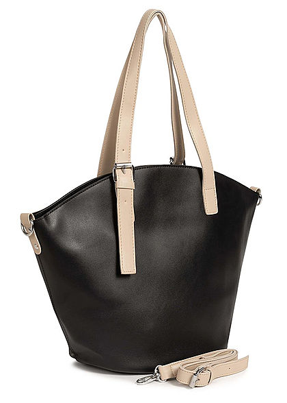 Styleboom Fashion Damen Kunstleder Handtasche 40x28cm leicht gewlbt schwarz beige