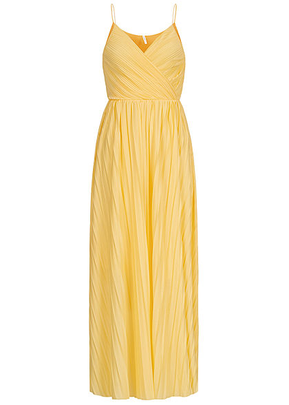 ONLY Damen V-Neck Maxi Kleid Wickeloptik mit Falten 2-lagig dusky citron gelb