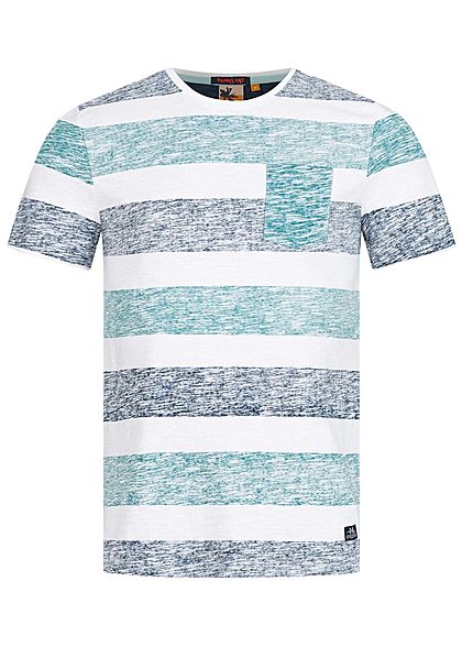 Hailys Herren T-Shirt Streifen Inside Print Brusttasche navy blau aqua