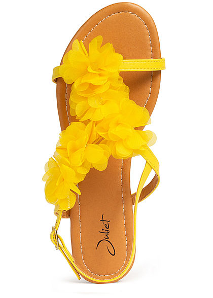 Seventyseven Lifestyle Damen Schuh Sandale Kunstleder Deko Tll Blumen mit Strass gelb