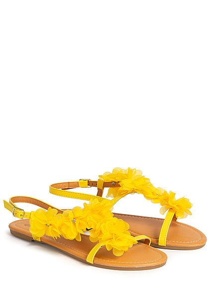 Seventyseven Lifestyle Damen Schuh Sandale Kunstleder Deko Tll Blumen mit Strass gelb
