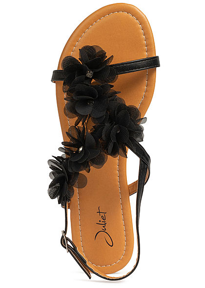Seventyseven Lifestyle Damen Schuh Sandale Kunstleder Deko Tüll Blumen mit Strass schwarz