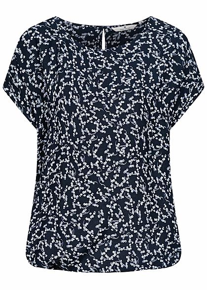 Tom Tailor Damen Oversized Blusen Shirt Blumen Print Gummibund navy blau weiss