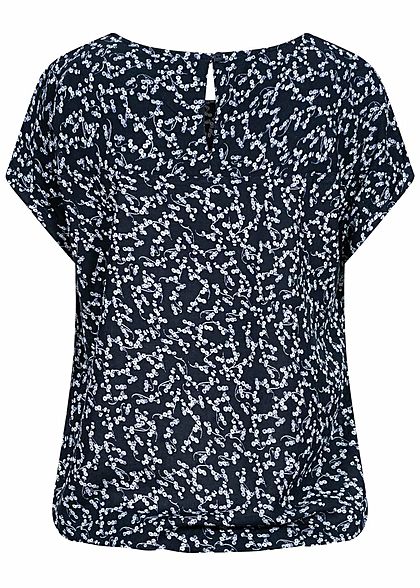 Tom Tailor Damen Oversized Blusen Shirt Blumen Print Gummibund navy blau weiss
