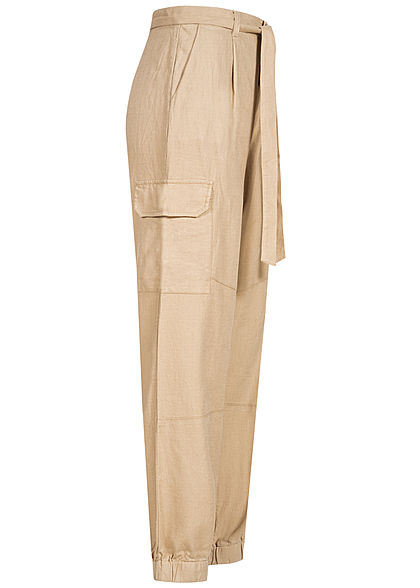Tom Tailor Damen Cargo Hose Relaxed Fit Bindegürtel 4-Pockets dunkel beige