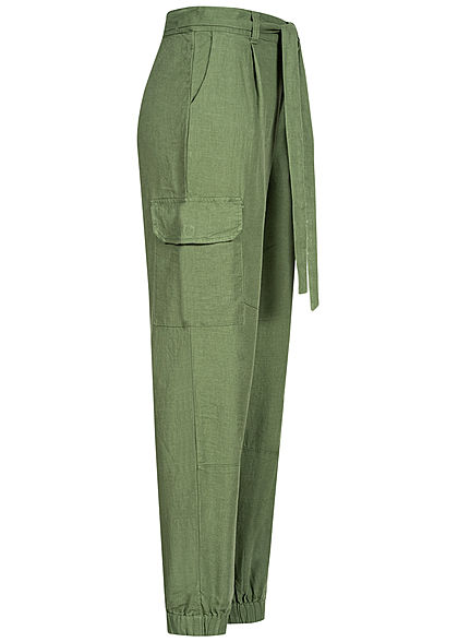 Tom Tailor Damen Cargo Hose Relaxed Fit Bindegrtel 4-Pockets oliv grn