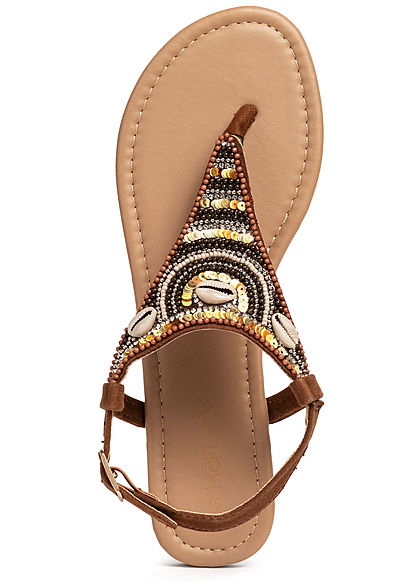 Hailys Damen Schuh Sandale Zehensteg Deko Perlen Muscheln Strasssteine cognac braun
