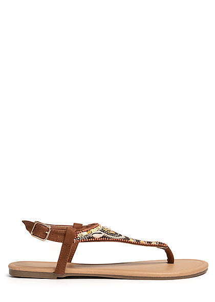 Hailys Damen Schuh Sandale Zehensteg Deko Perlen Muscheln Strasssteine cognac braun