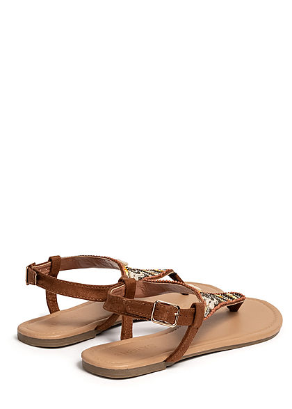 Hailys Damen Schuh Sandale Zehensteg Deko Perlen Muscheln Strasssteine cognac braun