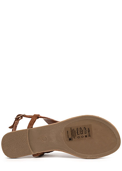 Hailys Damen Schuh Sandale Zehensteg Deko Perlen Muscheln Strasssteine cognac braun