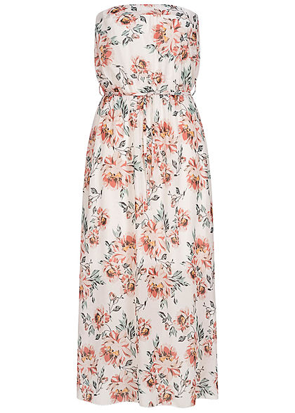 Fresh Lemons Damen Bandeau Maxi Kleid Blumen Print inkl. Bindegürtel off weiss mc