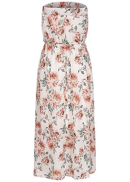 Fresh Lemons Damen Bandeau Maxi Kleid Blumen Print inkl. Bindegürtel off weiss mc