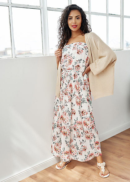 Fresh Lemons Damen Bandeau Maxi Kleid Blumen Print inkl. Bindegürtel off weiss mc