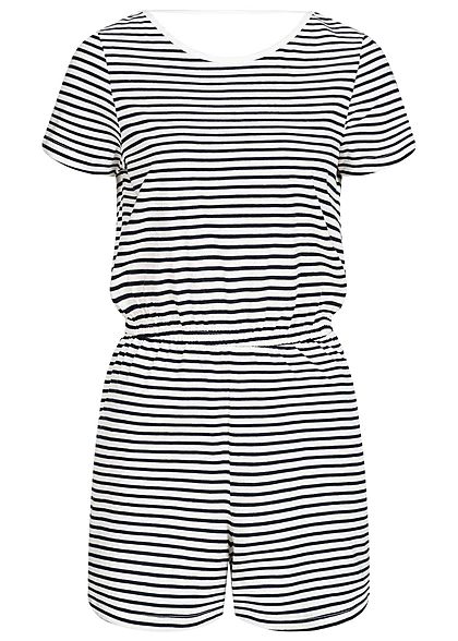 ONLY Damen V-Neck Jersey Playsuit Taillengummibund Streifen Muster weiss navy