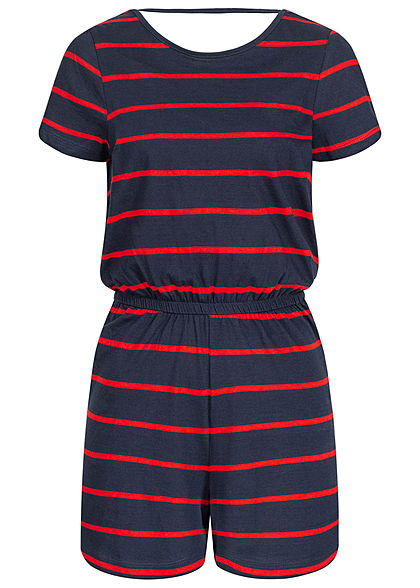 ONLY Damen V-Neck Jersey Playsuit Taillengummibund Streifen Muster navy blau rot - Art.-Nr.: 20042021