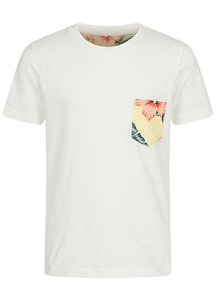 Jack and Jones Junior T-Shirt Canvas Look mit Tropical Print Brusttasche cloud d. weiss