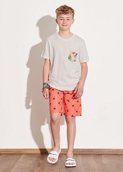 Jack and Jones Junior T-Shirt Canvas Look mit Tropical Print Brusttasche cloud d. weiss