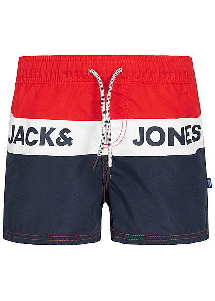 Jack and Jones Junior Bade Shorts Colorblock 2-Pockets Logo Print fiery rot blau