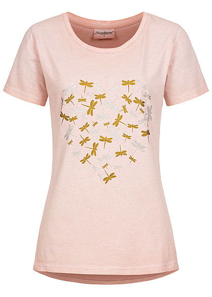 Seventyseven Lifestyle Damen T-Shirt Metallic Libellen Print old rosa