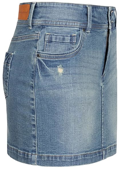 Seventyseven Lifestyle Damen Mini Jeans Rock Destroy Optik 5-Pockets medium blau denim
