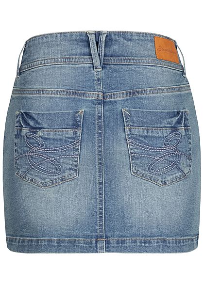 Seventyseven Lifestyle Damen Mini Jeans Rock Destroy Optik 5-Pockets medium blau denim