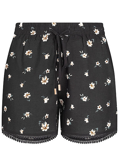 Hailys Damen Viskose Sommer Shorts Tunnelzug Blumen Print schwarz weiss