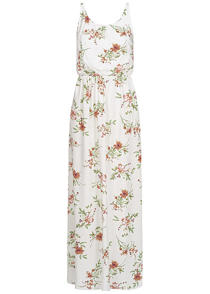 Hailys Damen Maxi Kleid Blumen Print Taillen Gummizug off weiss