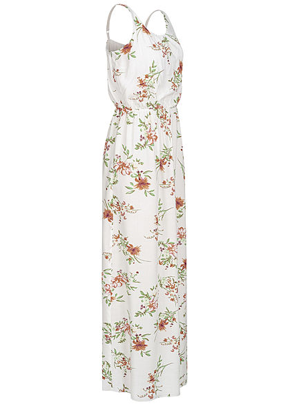 Hailys Damen Maxi Kleid Blumen Print Taillen Gummizug off weiss